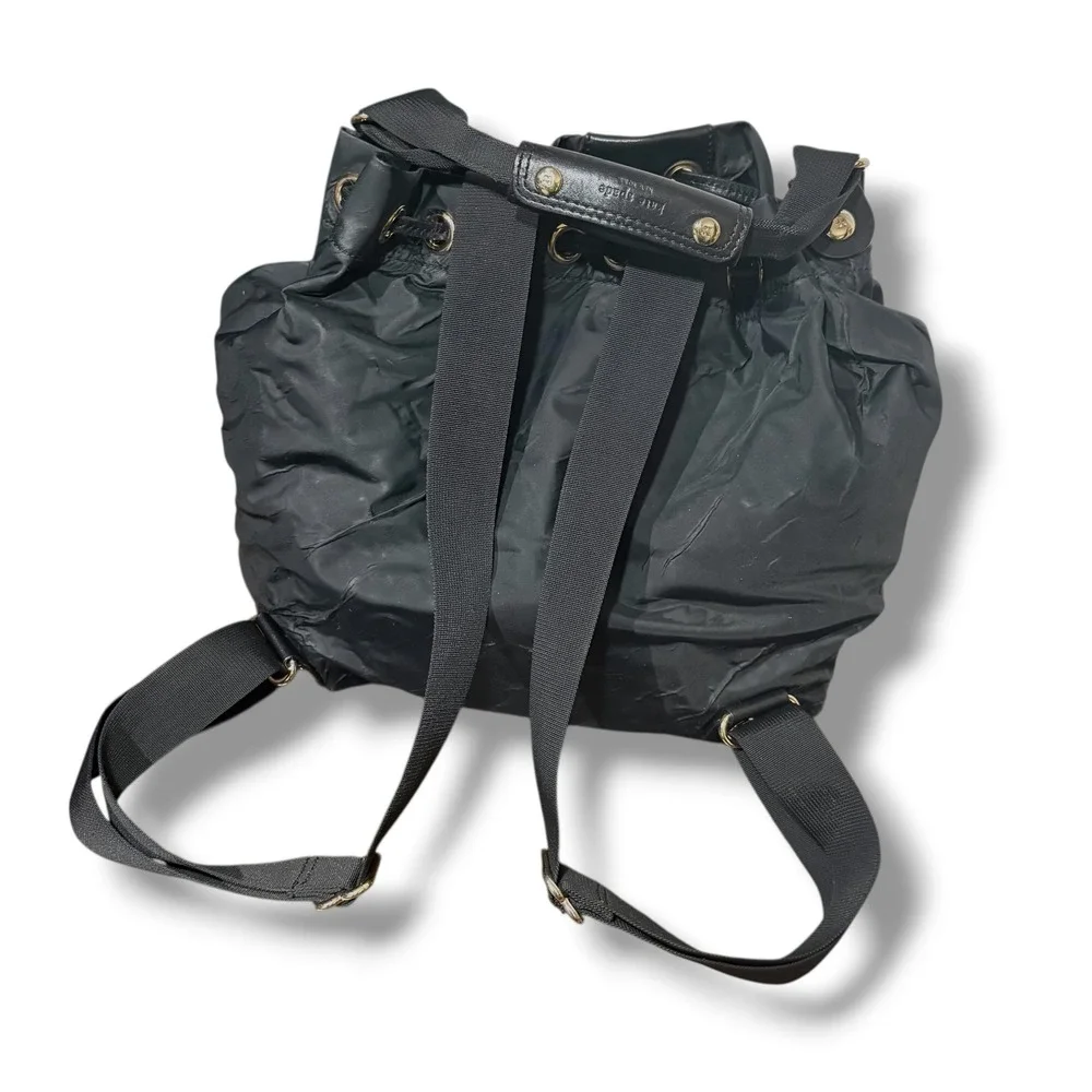 Kate Spade New York Black Nylon Leather Drawstring Bucket Backpack Bag PXRU2483